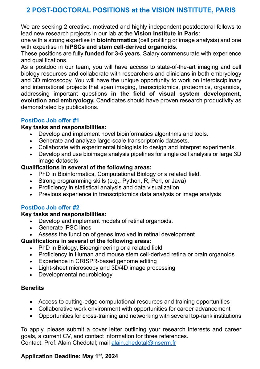 📢We are hiring 2 #Postdocs to lead new research projects: 1 with expertise in #bioinformatics (#transcriptomics or image analysis) 1 with expertise in hiPSCs and #organoids Funded for 3-5 years. More information & instructions for application➡️ shorturl.at/sIQU9