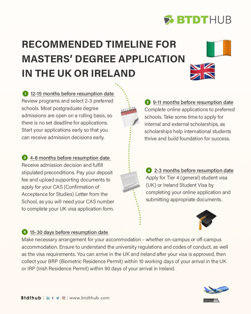 BTDTHub's tweet photo. Are you preparing to study in the UK or Ireland soon?

Here is a recommended application timeline. Early application helps you receive your admission decision early. This also gives you more time to deal with your visa application and other travel arrangements. 

For more information about our Study Abroad Advisory Service, send an email to STUDYABROAD@BTDTHUB.COM today. 

 #BTDTHub