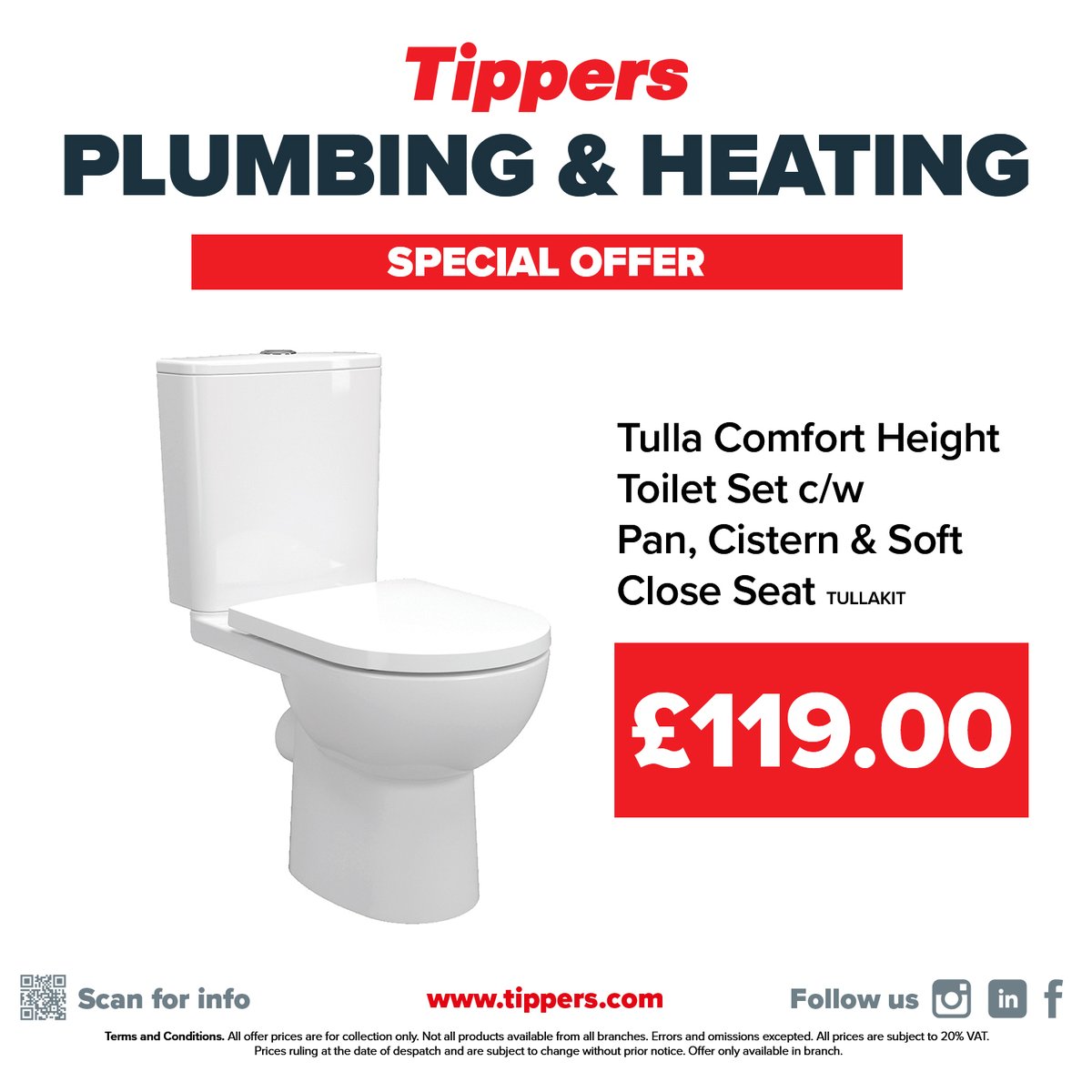 ⚠️ Plumbing & Heating Special Offer ⚠️ Tulla Comfort Height Toilet Set c/w Pan, Cistern & Quick Release Soft Close Seat only £119.00 ex VAT! Only available to buy from your local branch, find your local branch here: tippers.com/stores.html