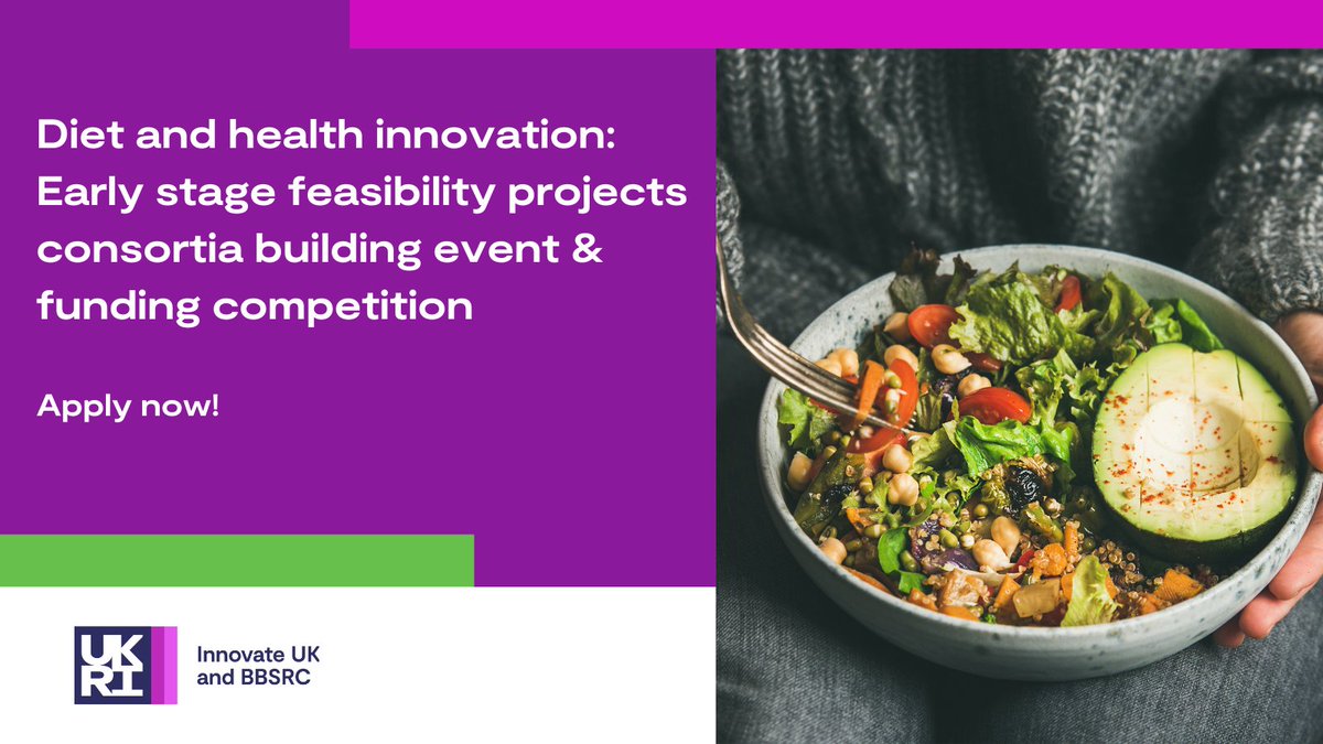 Apply now for the diet and health innovation funding competition with a share of up to £2.5m available from @innovateuk and @BBSRC to develop #SustainableNutritiousFood #HealthlyFoodTech🍎: ow.ly/eYOL50QG87t
