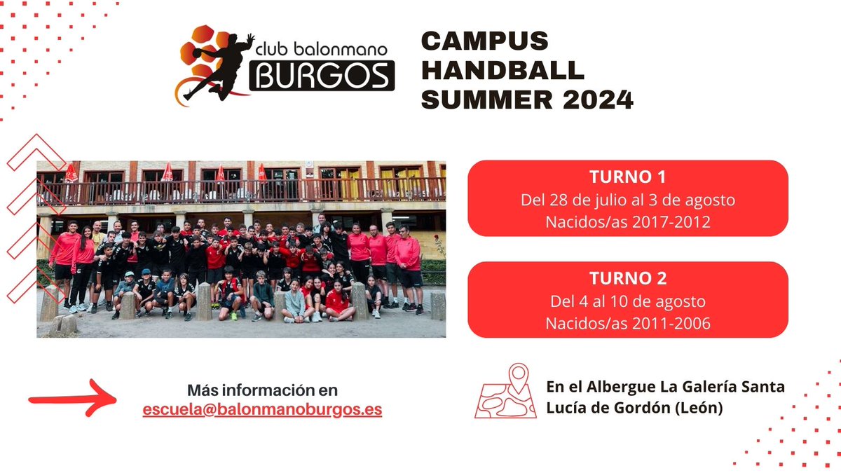 ¡Vuelve el Campus Handball Summer este veranito ☀️!
El Club Balonmano Burgos lanza su campus de verano para 2024. Este año con dos turnos y con nueva localización en Santa Lucía de Gordón (León).

➡️INSCRIPCIONES ABIERTAS: escuela@balonmanoburgos.es
ℹ️ balonmanoburgos.es/ficha/ZBE7D220…