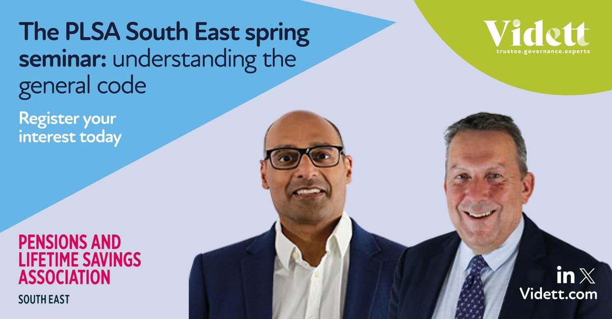 VidettLtd's tweet image. Client directors Simon Lewis & Kevin Clark join @Aon_plc's Susan Hoare for @ThePLSA South East group's spring seminar on #GeneralCode this Thursday.
An evening of networking follows the training session in London. Please see below to register!
vidett.com/plsa-general-c…
#Vidett