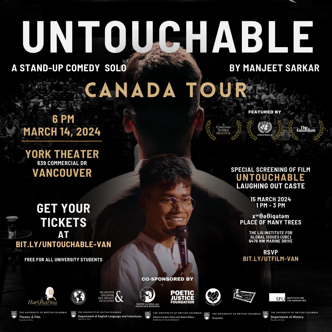 Presenting our biggest event of this year - UNTOUCHABLE: A stand-up special by Manjeet Sarkar! @NotSarkar March 14th, 6PM at York Theatre, Vancouver @TheCultch Get your tickets for the show today! bit.ly/untouchable-van (Free for university students with ID)
