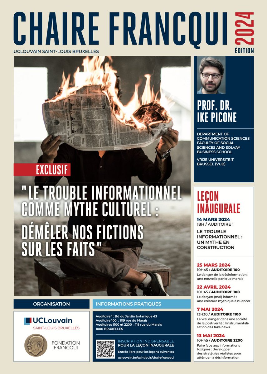 geopatriarche's tweet photo. "Le trouble informationnel : un mythe en construction" (14 mars 2024): Leçon inaugurale de @ikepicone, qui s'est vu attribuer la Chaire Francqui 2023-2024 de @uclouvainslbxl. Inscription requise pour la leçon inaugurale: https://t.co/SHmfvYOaBV. @Edmo_Belux @engage_uslb https://t.co/CoMdmsR6Y6
