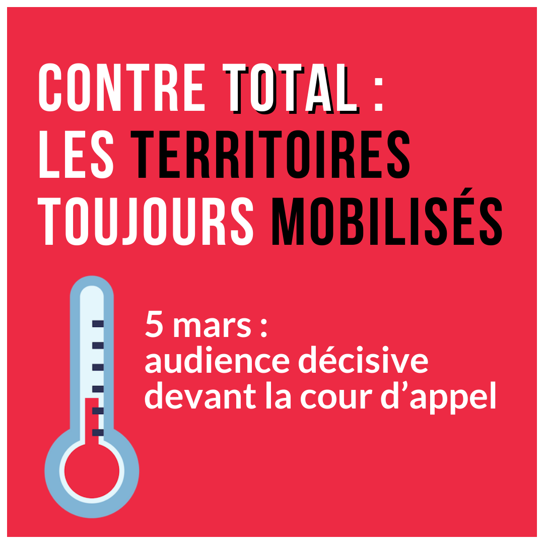 FNEasso's tweet image. Contre #Total: les territoires toujours mobilisés 📢
5 mars➡️audience décisive dans le procès contre Total.

En juillet 2023, le juge a déclaré l&apos;action judiciaire irrecevable, en se basant sur une interprétation contestée de la loi #DevoirDeVigilance. La coalition a fait appel !
