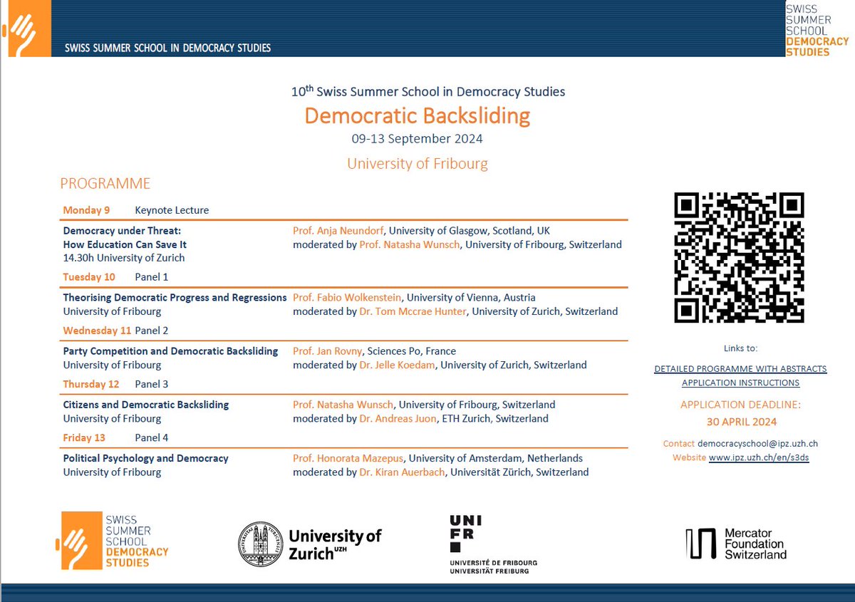 An exciting summer school on democratic backsliding for junior scholars. Please join us in September in🇨🇭! Call for applications closes on 30 April. Program👇 ipz.uzh.ch/en/study/docto…