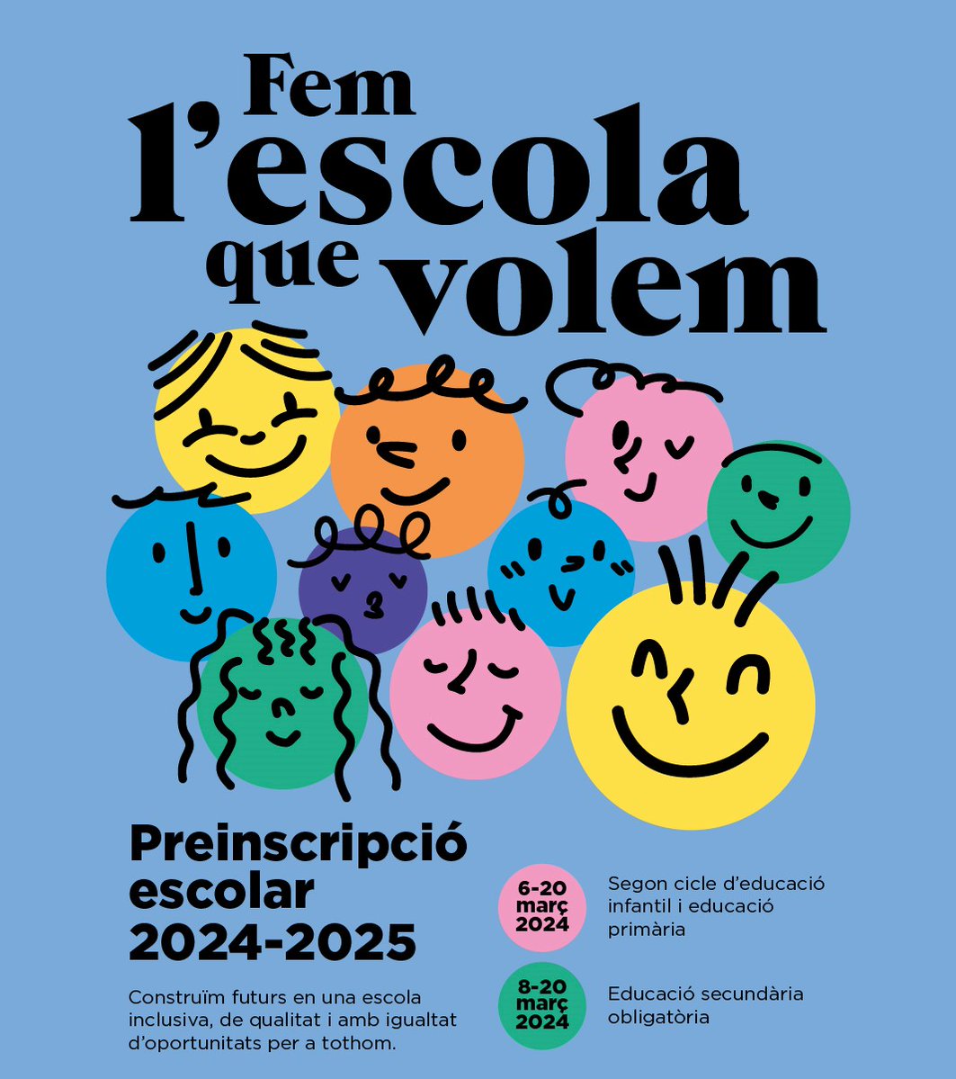 👨‍👩‍👦‍👦Demà comença la preinscripció escolar del curs 2024-25!

Teniu dubtes?
👉🏾 edubcn.cat i preinscripcio.gencat.cat
👉🏾 Oficines de suport de Ciutat Vella, Eixample, Gràcia-Horta, Nou Barris, St Andreu, St Martí i Sants-Montjuïc
👉🏾 Oficina del #Consorciedubcn
👉🏾010 i 012