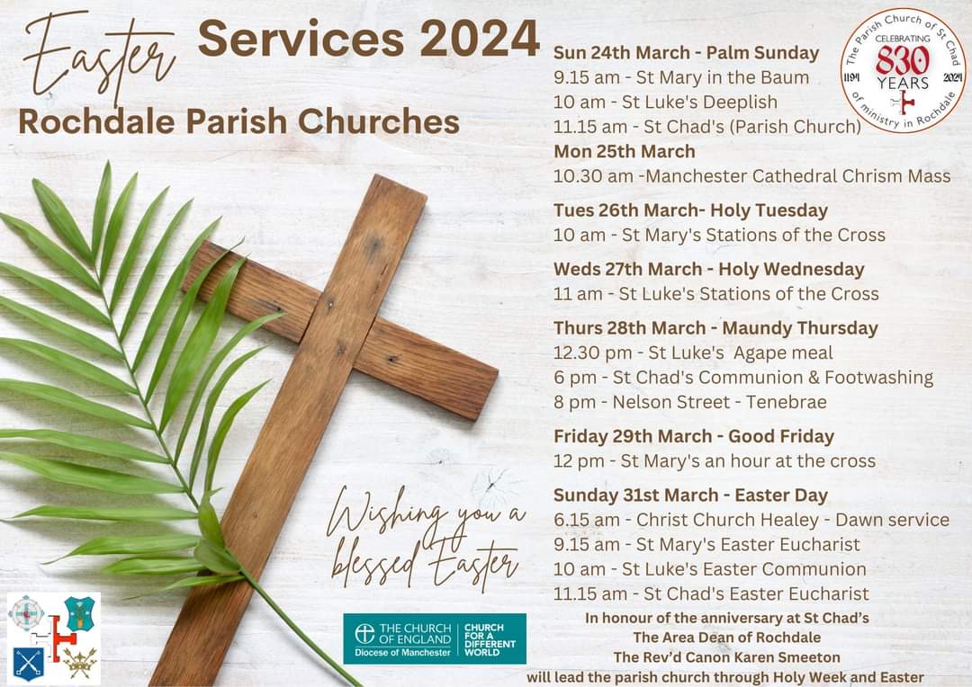 Come along and join us as we journey through Holy Week to Easter. @stmaryinthebaum @RochdaleStChads @StLukesDeeplish @DioManchester @RochdaleCouncil @RochdaleOnline @manchester_scp