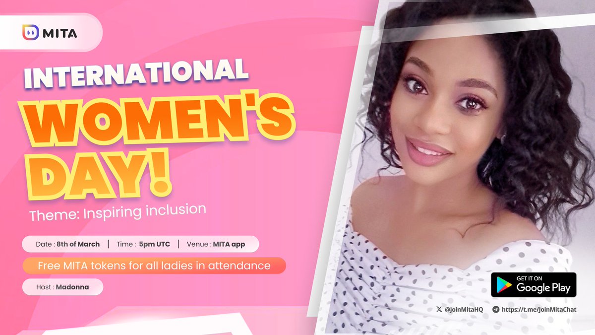 joinlivieHQ's tweet photo. 🎉Join us this Friday as we celebrate #WomensDay with a special virtual #EVENT exclusively for the ladies in the #MITAverse! 💃🤩
👩🏻💻👷🏽♀Let's come together to discuss the inclusion of women in the #Web3 space, share our inspirational journey, and help cultivate an understanding of #crypto and #BlockchainTechnology to the normies!🎙
🎁Side attractions: Exploration of motivational literature, streaming of music by female artists, and free gifts for all women in attendance!🍾
📅 Date: 8th of March
⏰️ Time: 5pm UTC
🏠 Venue: https://t.co/hfOyJSEbIz
We can't wait to host you amazing, beautiful ladies 💖