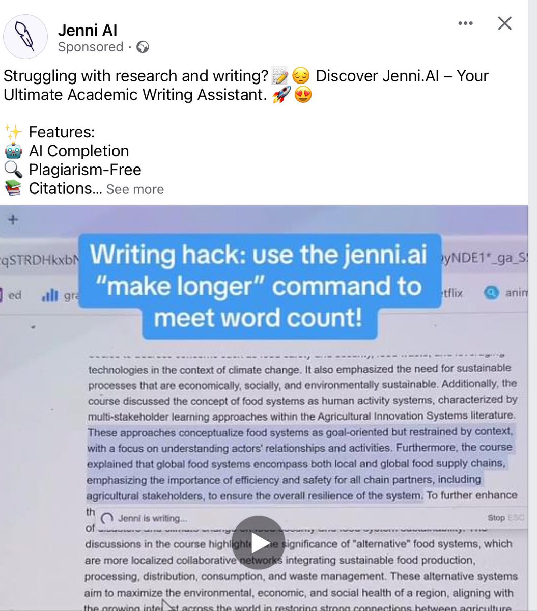 And this is why I don’t think AI doesn’t have a place in education so far - the temptation for abusing it… in my Facebook ads this morning: