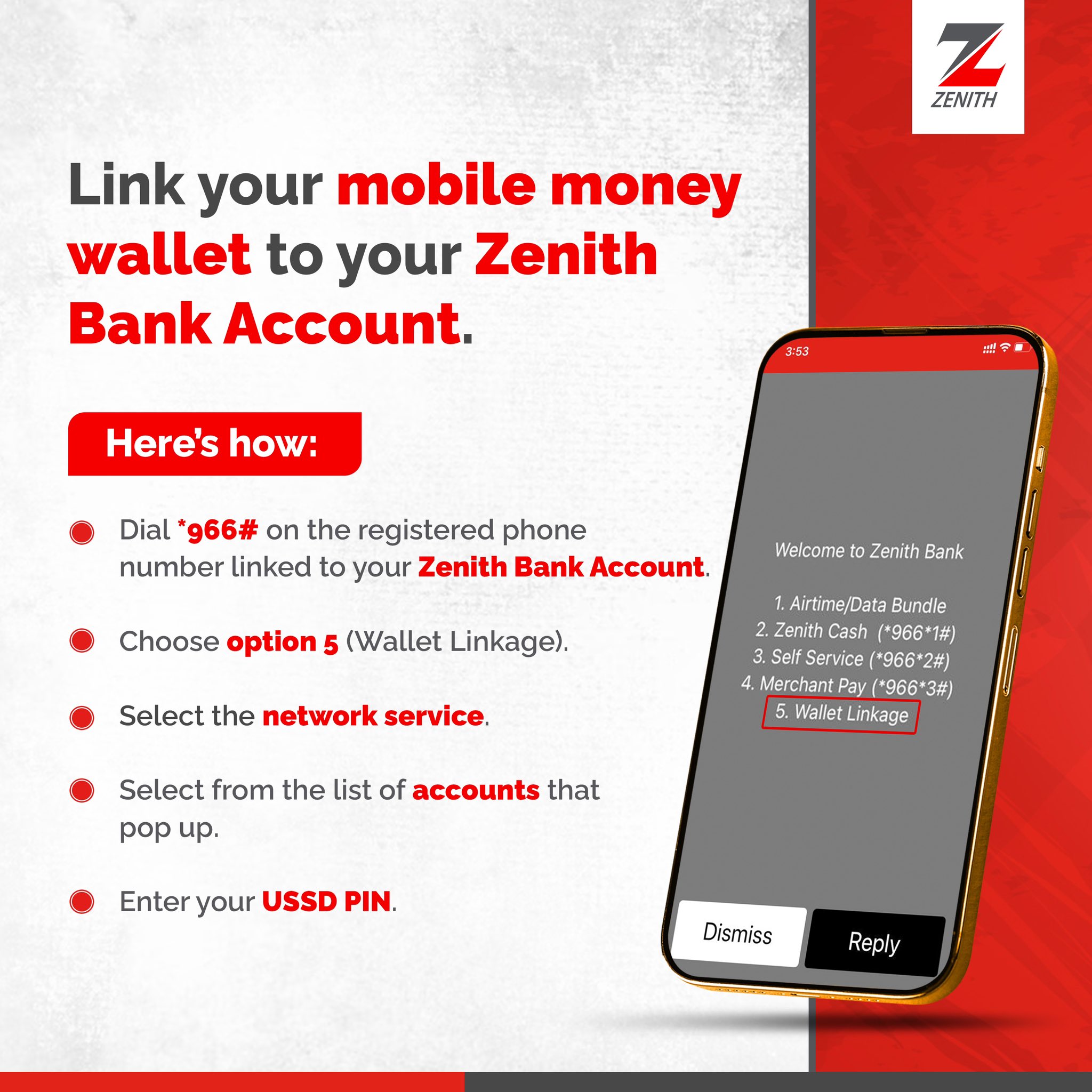 Zenith Bank Ghana Ltd. on X Here s how to link your momo to your bank account using USSD. ZenithBankGhana EazyBanking InYourBestInterest USSDBanking https t OkdxNNv6hR X