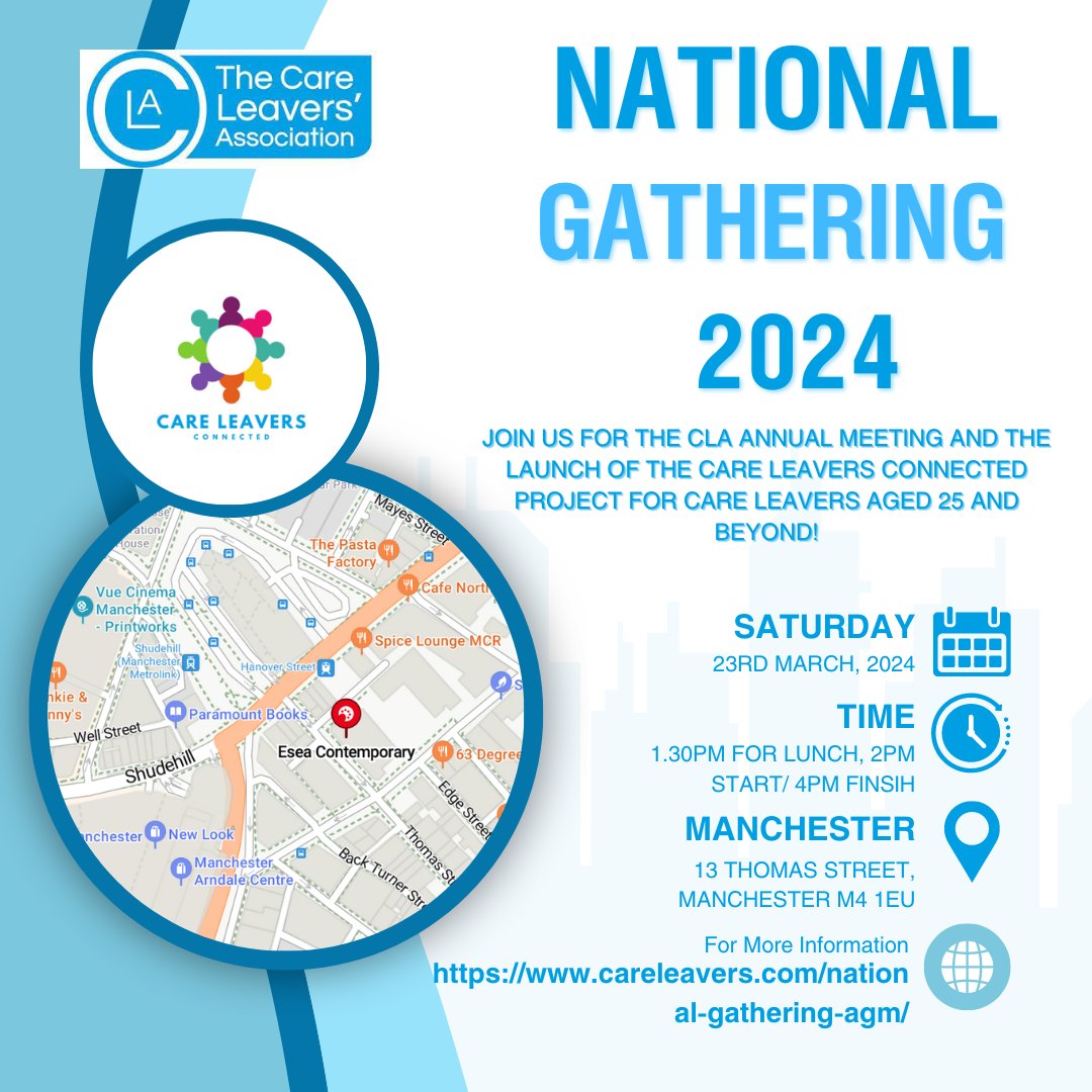 Join us for this years AGM it will be held as part of the National Gathering on Saturday 23rd March 1:30 to 5pm. The event will be held at Esea Contemporary in Manchester. More details can be found below careleavers.com/national-gathe… Please let us know if you are planning on attending