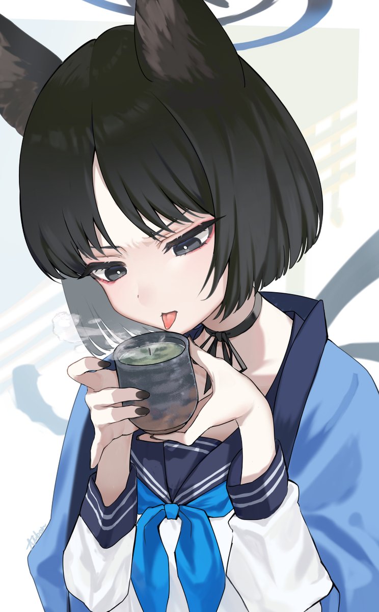 kikyou (blue archive) 1girl black hair halo solo animal ears tongue out cup  illustration images