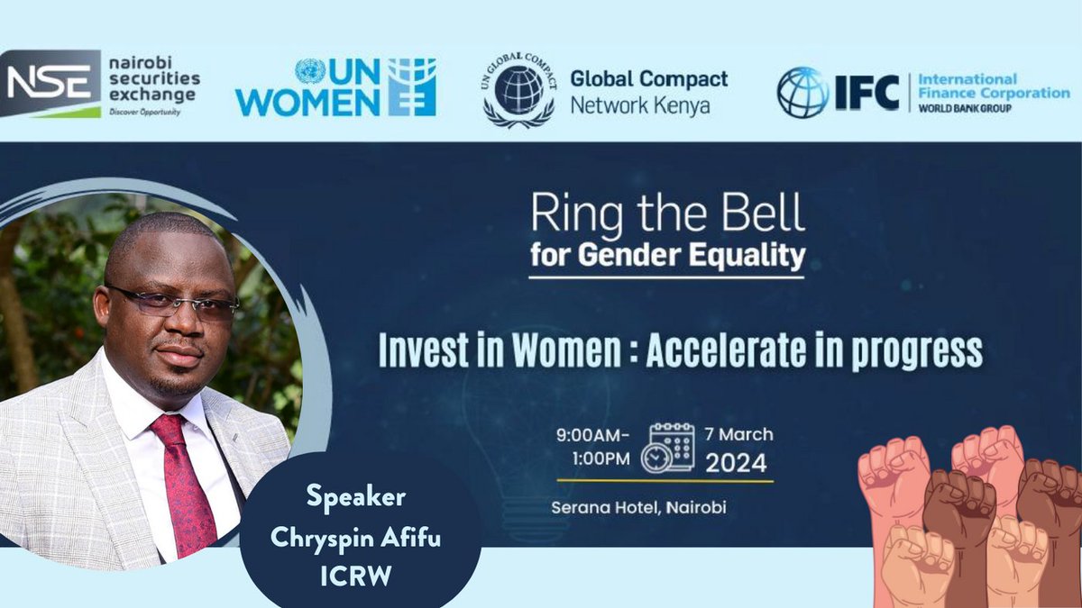 Counting down to the Ring the Bell event by @UN_Women @globalcompact @IFC_org @NSE_PLC on March 7, 2024. @ICRWAfrica's @chryspin_afifu will speak on holistic investment in women for equitable and sustainable progress. #Investinwomen #IWD2024