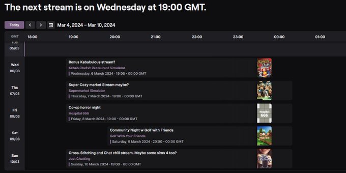 Current planned streams for rest of this week! 😱 Remember I don't stream on Tuesdays.  I may do random<a href="/tag/gamer"class="tags"><span>#gamer</span></a><a href="/tag/livestream"class="tags"><span>#livestream</span></a><a href="/tag/twitchstream"class="tags"><span>#twitchstream</span></a><a href="/tag/twitchstreamer"class="tags"><span>#twitchstreamer</span></a>