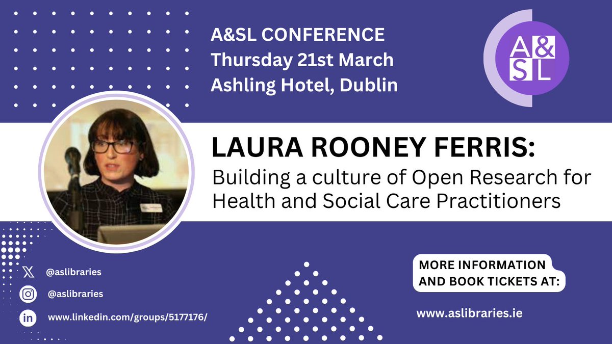 We have so many excellent speakers at #ASL2024 this year! Join us in @AshlingHotel Dublin on 21 March and catch this great talk by the always brilliant @LauraRooneyF. For more conference information and to book your ticket see aslibraries.ie