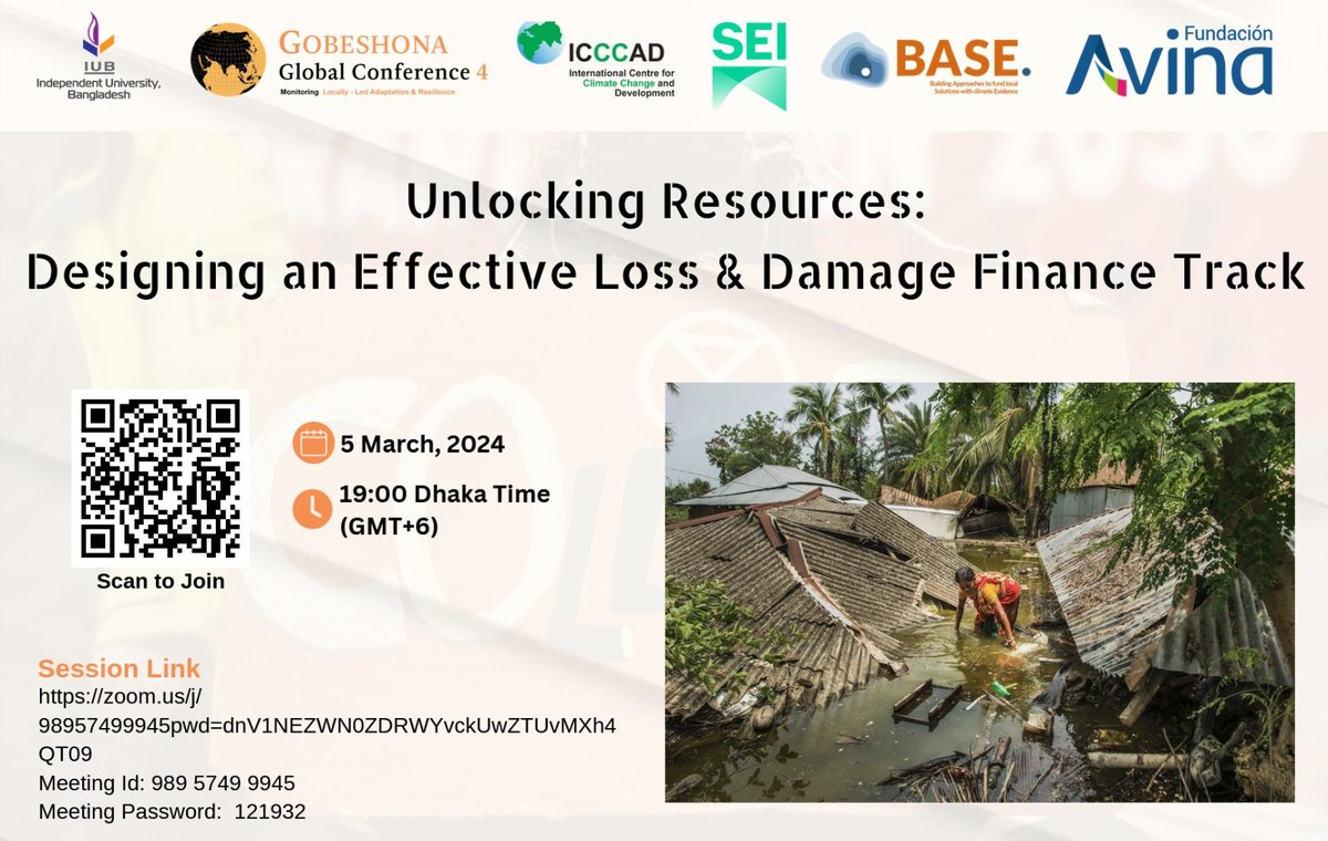 Don't miss out on this session today at the Gobeshona Global Conference 4! 5th March, 2024 19:00 Bangladesh time (GMT +6) Zoom link for the session: zoom.us/j/98957499945... Meeting ID: 989 5749 9945 Password: 121932 #Gobeshona #GGC4 #ClimateAction