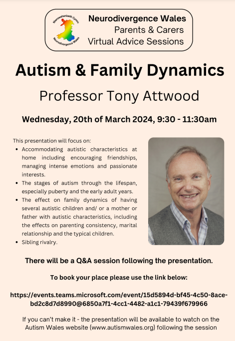 WhitmoreBase's tweet photo. For the attention of Parents and Carers,

This may be of interest to you:
Virtual advice session relating to autism. 
Wednesday 20 Mawrth 2024 9.30am - 11.30am

Click the link below to book your place:

https://t.co/6MTWSMkaG8

@WhitmoreHigh @WHSdog https://t.co/MQGQA3beKG