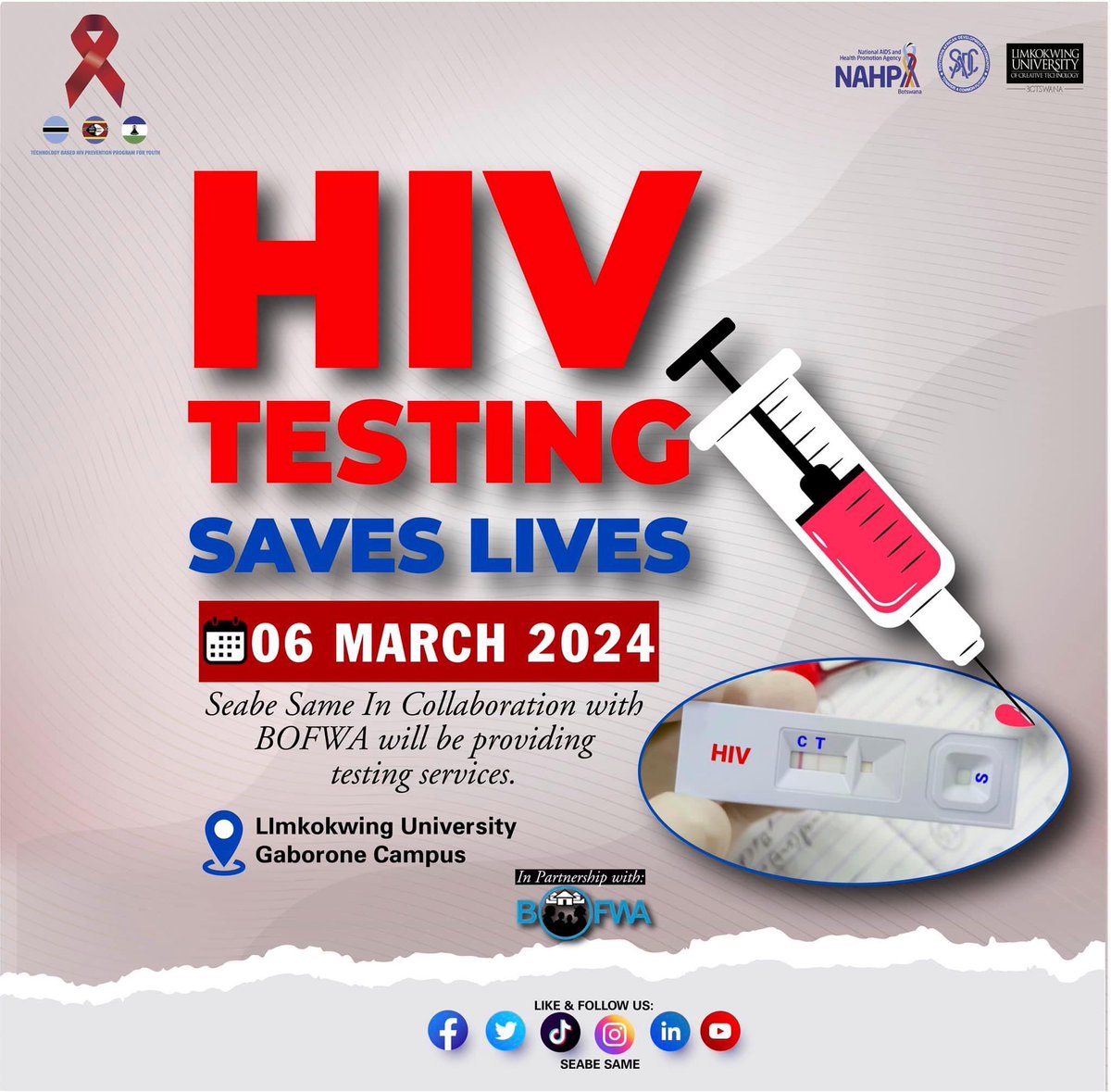 🔍✅ 𝗛𝗜𝗩 𝗧𝗲𝘀𝘁𝗶𝗻𝗴 𝗦𝗮𝘃𝗲𝘀 𝗟𝗶𝘃𝗲𝘀! ✅🔍
Swing by our stall on campus tomorrow for HIV testing! 🌟 
In support of the Month of Youth Against AIDS, we're spotlighting the importance of knowing your status. With the help of Botswana Family Welfare Association