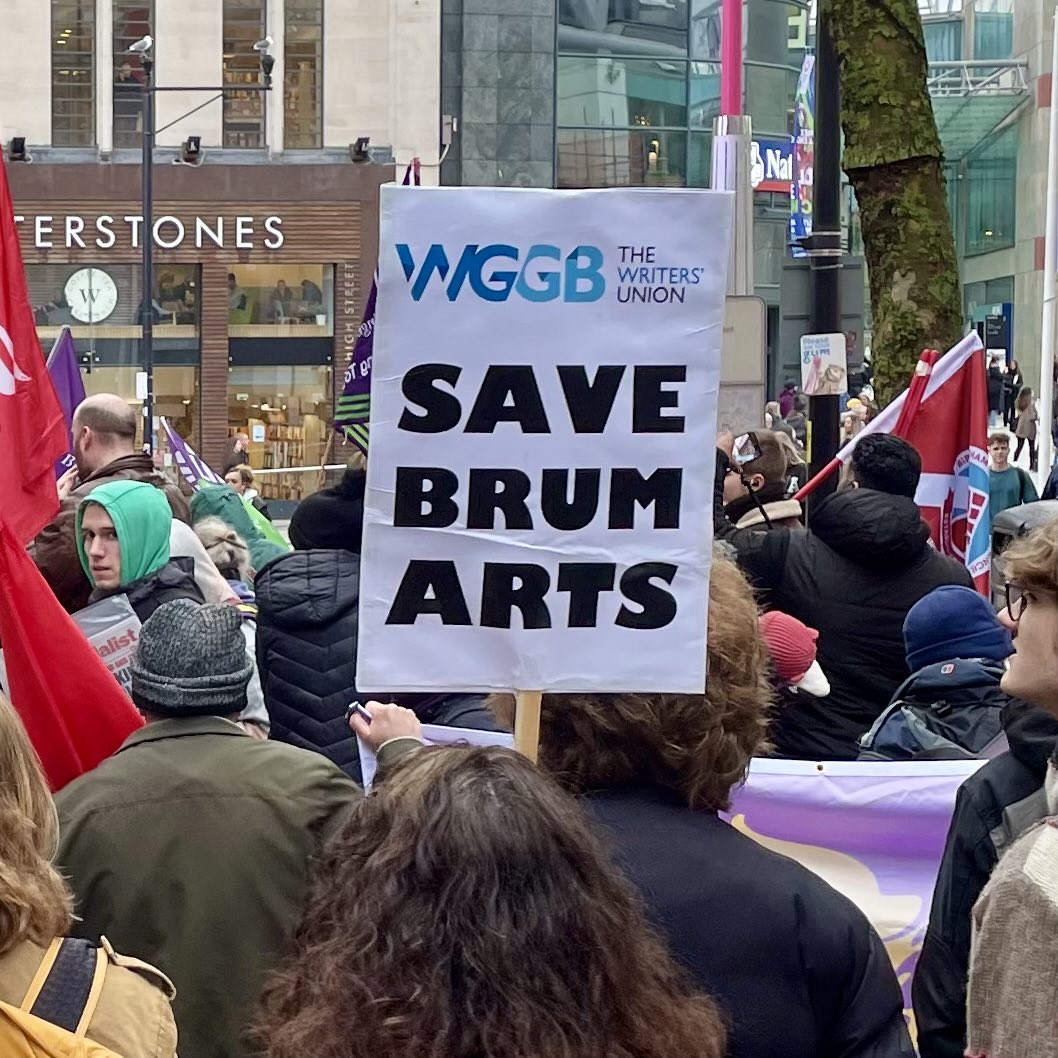Make your voice heard at today’s anti-cuts demo! 4:30 Centenary Square (outside The Rep). Stand in solidarity with ⁦@WeAreTheMU⁩ ⁦@EquityBWM⁩ and other creatives against 100% council cuts to the arts #CultureMatters ⁦@TheWritersGuild⁩