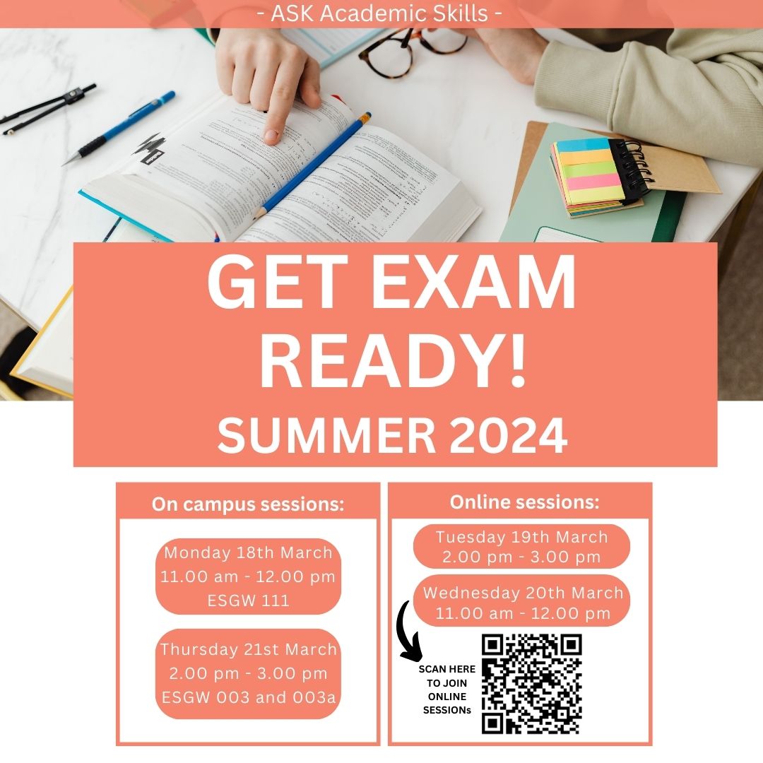 Ready for your Summer Exams? If not, don't worry! ASK have got you covered👍

We will help you with all the essential skills you will need in our Exam Preparation and Techniques Workshops✍️

Need further information? Email us at: academicskills@brunel.ac.uk