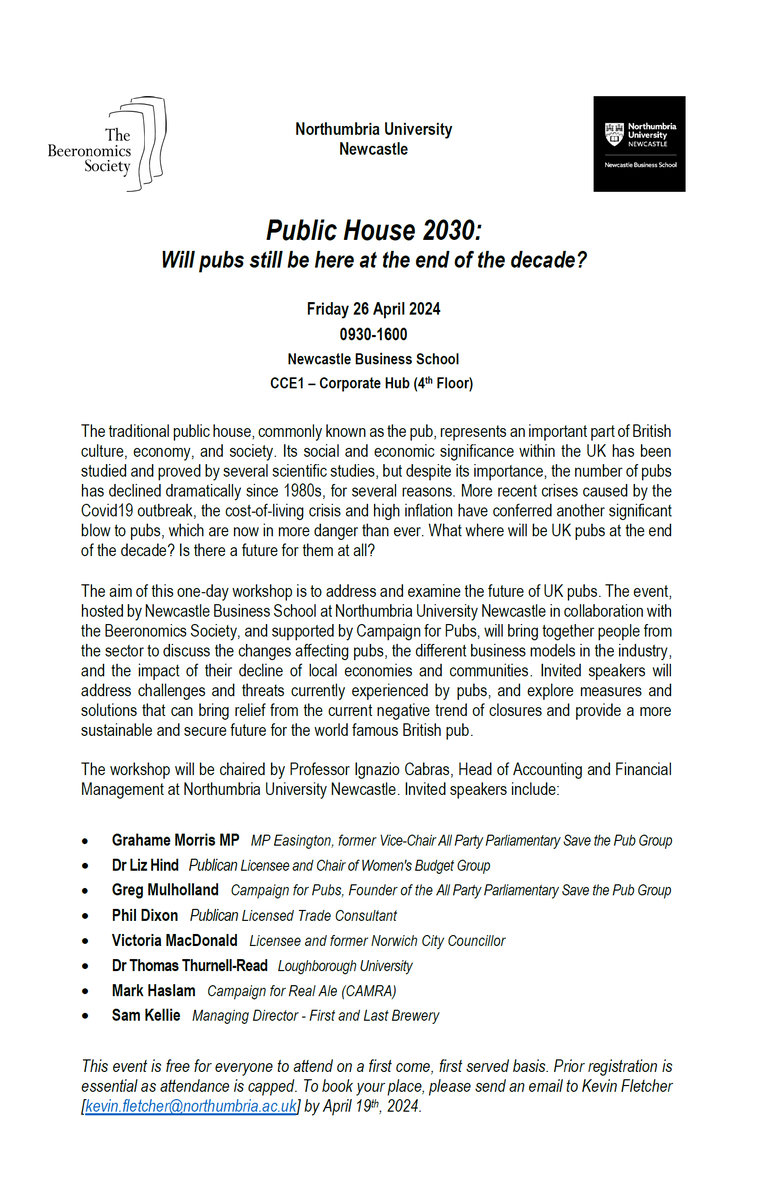 Public House 2030: Will pubs still be here at the end of the decade? One-day workshop on the future of British pubs on Friday 26 April 2024 - limited availability, first come first served. Join us at Newcastle Business School @ Northumbria University #pubs #beer #takeontomorrow