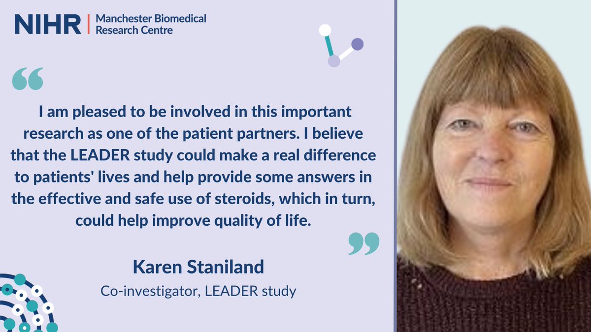 Two people living with rheumatoid arthritis (RA) will be co-investigators in the LEADER trial, including Karen Staniland. Karen has had RA for 12 years and, for the first 2 years, was treated by steroids with varying results. 🔗 manchesterbrc.nihr.ac.uk/news-and-event…