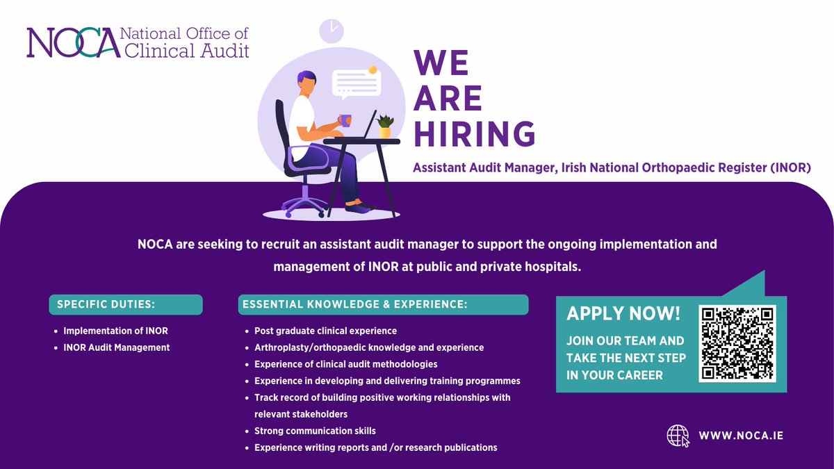 noca_irl's tweet image. 🌟 Exciting Opportunity! Join the NOCA team as an Assistant Audit Manager for the Irish National Orthopaedic Register (INOR). This role will support the ongoing implementation and management of INOR in public and private hospitals. Hybrid role, based in Dublin, full-time,