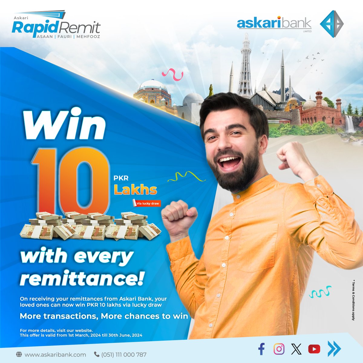 Win PKR 10 Lakhs with every remittance! Now your loved ones can win this BIG prize on receiving your remittances from Askari Bank. Link: rb.gy/5l93wr #AskariBank #Remittance #WinBigWithUs #everytransactioncounts #PKR