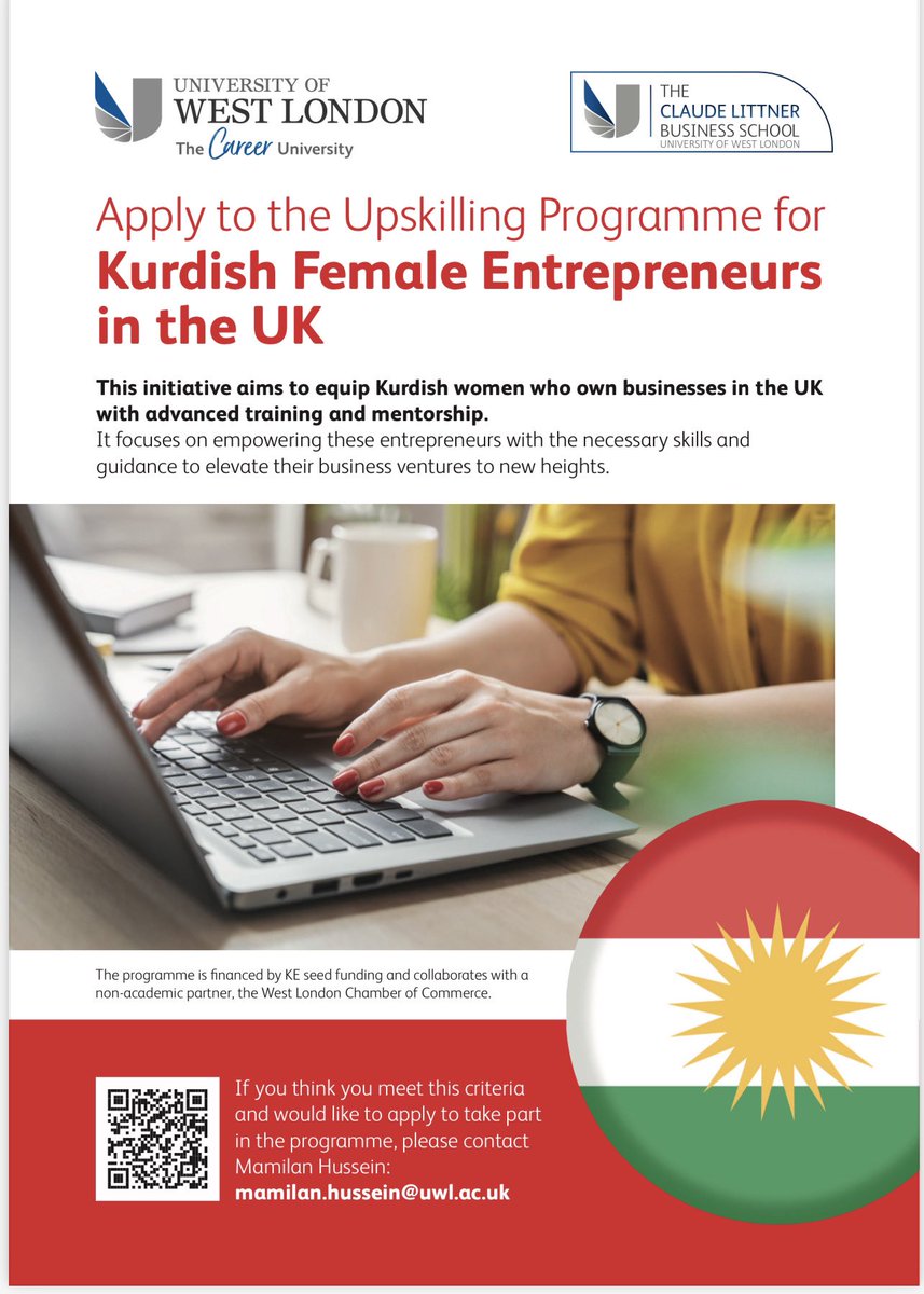 For all #Kurdish #Female #entrepreneurs in the #UK: my brilliant colleague <a href="/MamilanR/">Mamilan</a> at the <a href="/UniWestLondon/">University of West London</a> has set up this initiative to empower Kurdish women with advanced training and mentorship!

Her details are on the flyer below: