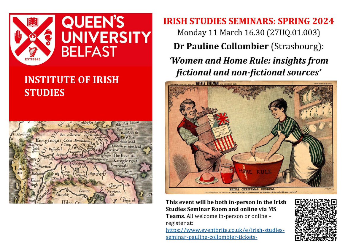 Our next Irish Studies seminar is on 11 March at 4.30. Pauline Collombier will speak on ‘Women and Home Rule: insights from fictional and non-fictional sources’. All welcome. Register at eventbrite.co.uk/e/irish-studie…