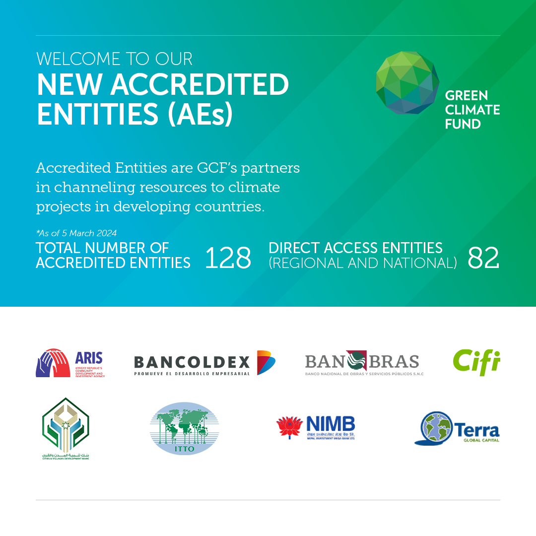 Welcome to the new GCF Accredited Entities approved at #GCFB38! 🇰🇬 ARIS 🇨🇴 @Bancoldex 🇲🇽 @Banobras_mx 🇵🇦 CIFI 🇯🇴 CVDB 🇳🇵 NIMB 🇯🇵 ITTO 🇺🇸 @terraglobal #ClimateAction