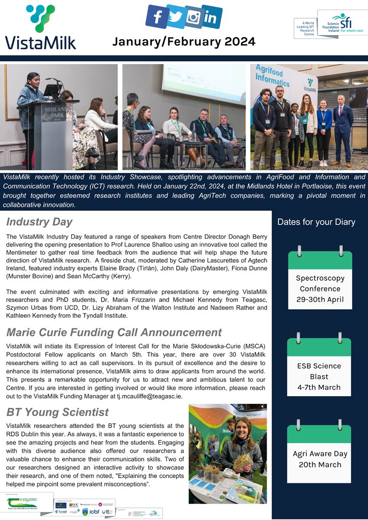 The latest @VistaMilk SFI Research Centre newsletter is now live, recapping a busy and vibrant start to 2024. The newsletter shines a light on VistaMilk's recent Industry Day; a new Funding Call Announcement; and a look back at the BT Young Scientist & Technology Exhibition🐄