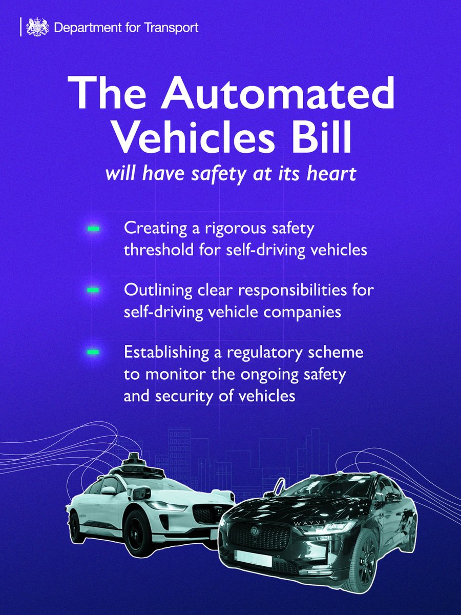 🚘 We’re making safety and security the top priorities for self-driving technology through our Automated Vehicles Bill.

The self-driving vehicle industry is predicted to generate £42bn to the UK economy by 2035, creating thousands of skilled jobs.