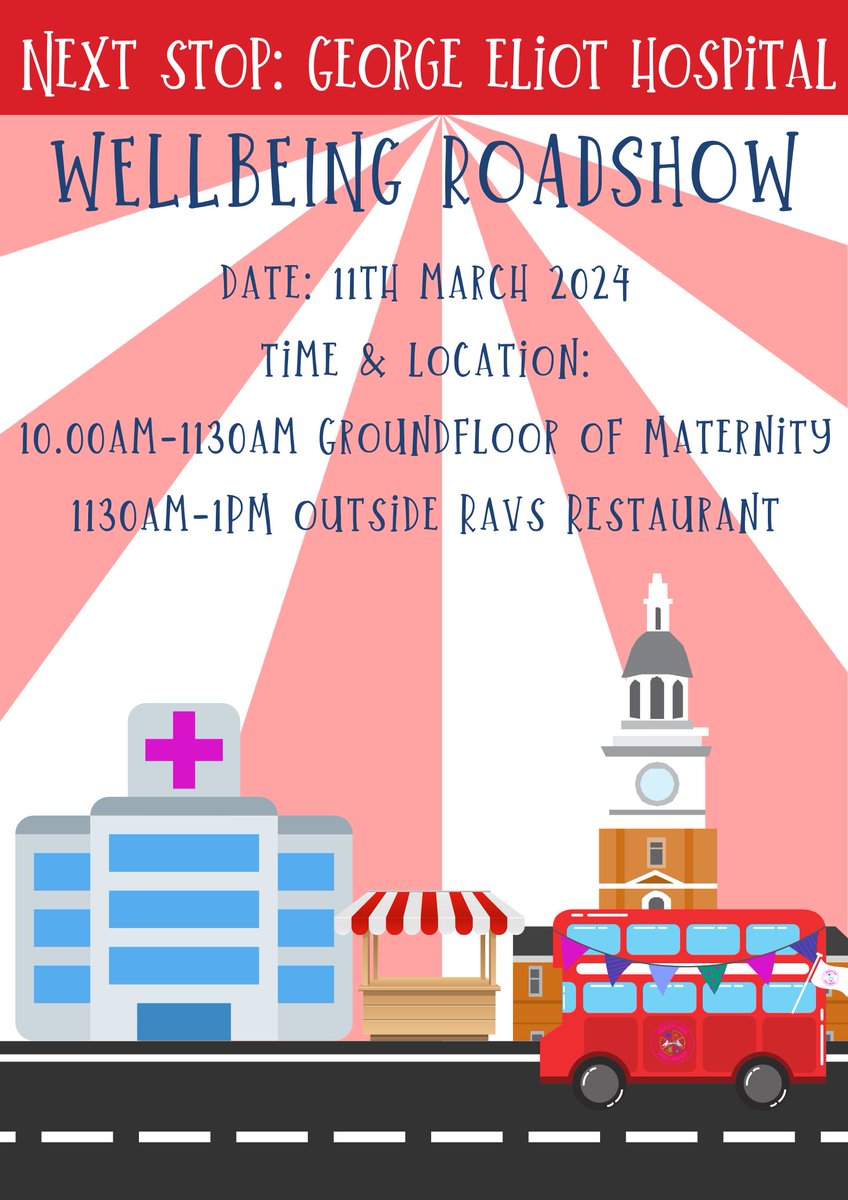 BEEP BEEP! 🚍 The next stop on our roadshow is at George Eliot Hospital on March 11th! Find us on groundfloor of Maternity building 10am-1130am, then outside Ravs from 1130am-1pm!