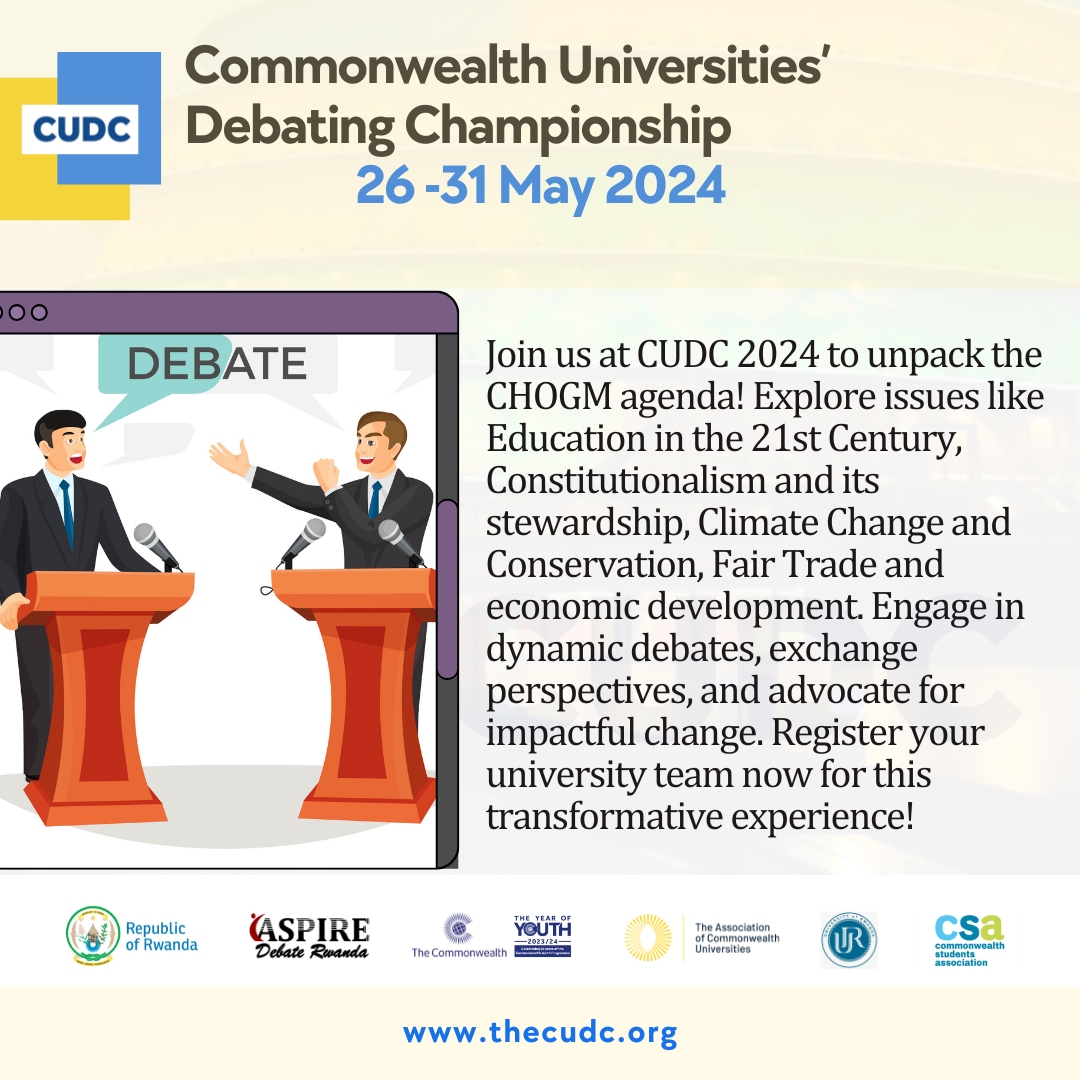 AspireDebateR's tweet photo. Join us at #CUDC2024 to unpack the CHOGM agenda! Explore issues like education in the 21st century, climate change....... Engage in dynamic debates, exchange perspectives, and advocate for impactful change. Register your university team now: https://t.co/2mrng6wa6X

@TheCudc https://t.co/g7mW678awC