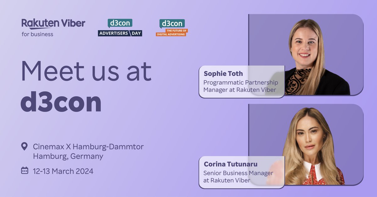 Our Senior Business Manager, Corina Tutunaru, and Programmatic Partnerships Manager, Sophie Toth, will be at @d3con in Hamburg! Meet the Rakuten Viber team to learn about advertising on Viber, with a user base in 190+ countries. 🌍