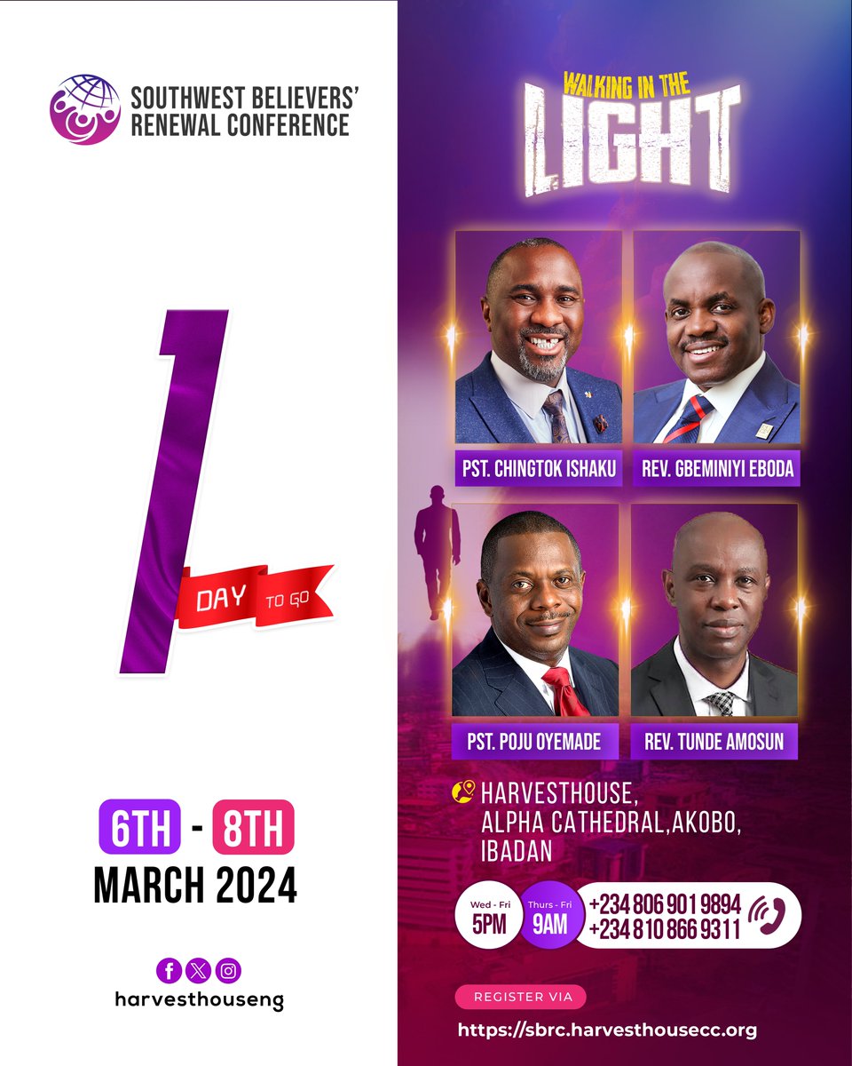 harvesthouseng's tweet image. Wow! #SouthwestBelieversRenewalConference is just a day from now! All things are ready; are you ready to lay hold of all that God has in mind for you this season? Don’t miss this!

Registration is still on, register via sbrc.harvesthousecc.org

#SBRC
#HarvestHouseNation