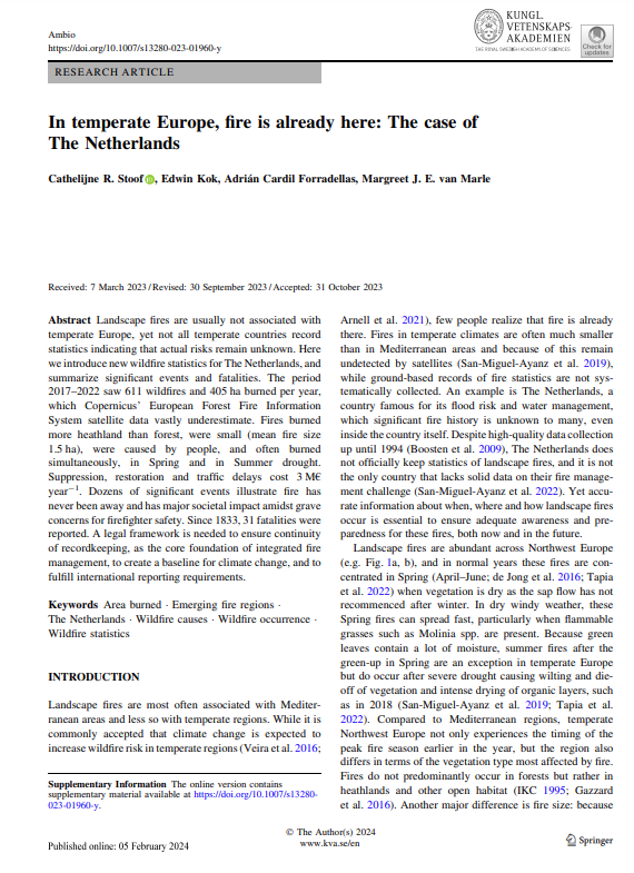 FIRERESProject's tweet image. New FIRE-RES publication out now! 🆕
With new wildfire statistics in NL 🇳🇱 the authors stress the societal impact of wildfires and advocate for legal frameworks to ensure continuity of recordkeeping for integrated fire management. Check it out here: fire-res.eu/s13280-023-019…