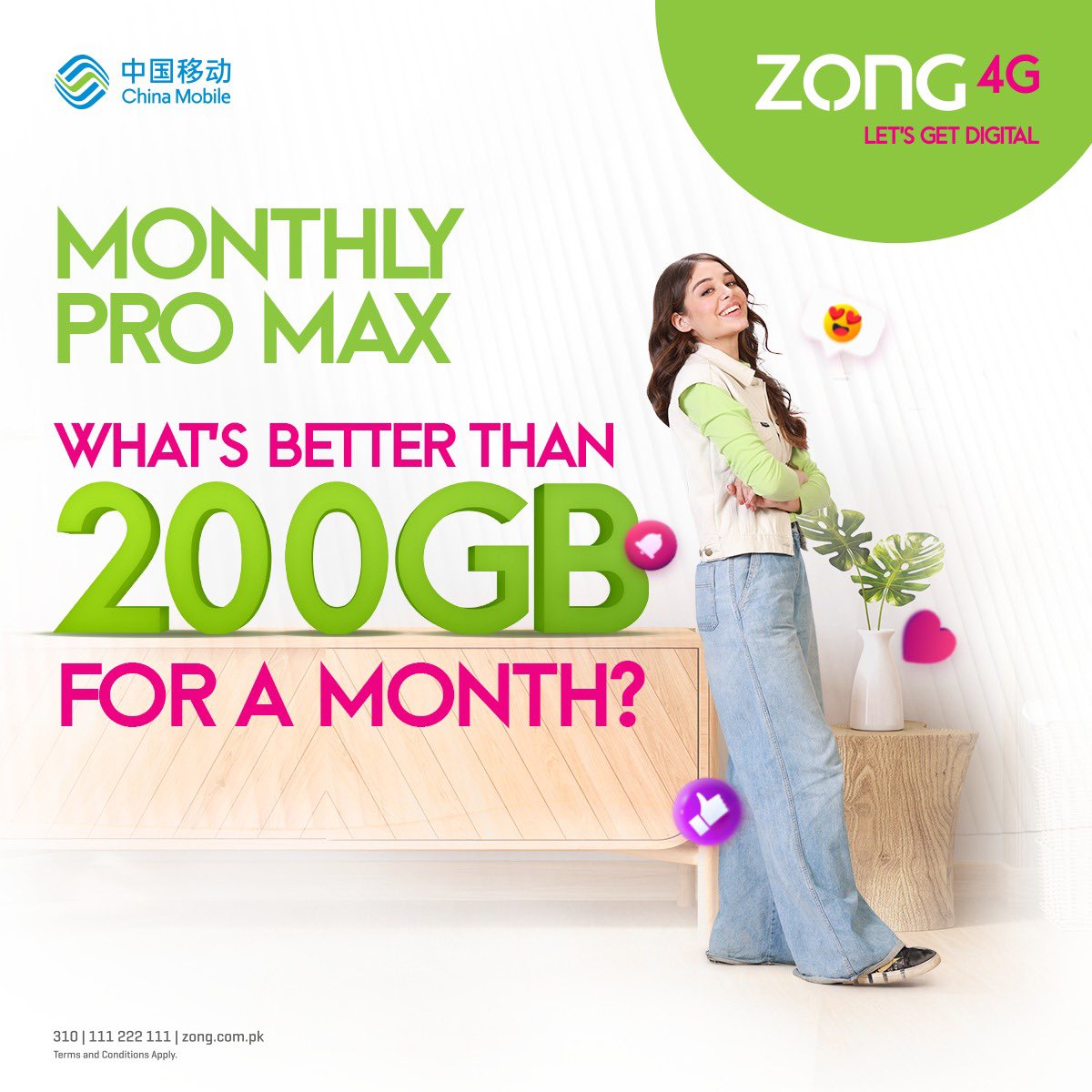 Monthly Pro Max se payen 200 GB data, 20,000 Zong minutes, SMS aur 2000 other network minutes wo bhi sirf Rs.1700 mein! isse behtar deal aur kya hogi? toh abhi subscribe karen dial *7331#.

#LetsGetDigital with #Zong4G