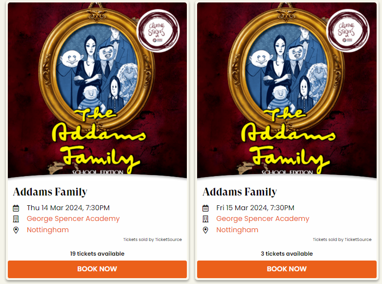 Grab one of the few remaining tickets for our Creative Studios production of #TheAddamsFamily on 14th/15th March! Make sure you don't miss out: ticketsource.co.uk/george-spencer…