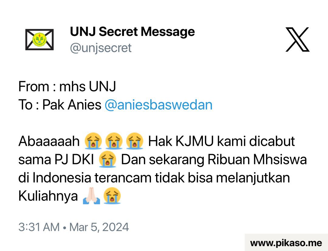 Lah ngapain ngadu ke pak Anies 😭🙏🏽. Abah kan udah ga berwenang lagi. Coba kemarin 19rb mahasiswa penerima beasiswa itu jadi buzzer gratisan Abah Anies. Kan bisa menangkal hoax buzzer2 bayaran sebelah. Menyesal tiada guna.🙏🏽😭😭

<a href="/unjsecret/">UNJ Secret Message</a>