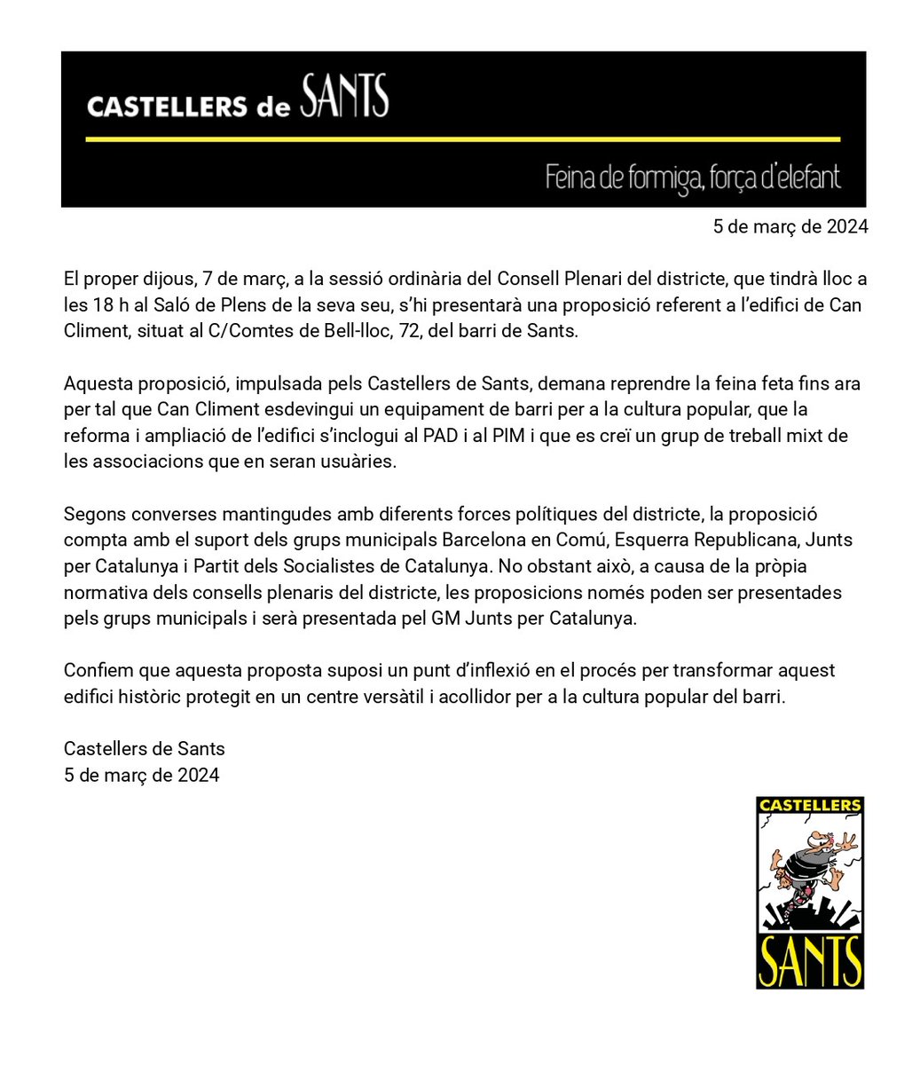 ‼️ COMUNICAT CAN CLIMENT ‼️

Aquest dijous 7 de març, a la sessió ordinària del Consell Plenari del districte <a href="/BCN_SantsMont/">Districte de Sants-Montjuïc</a>, s’hi presentarà una proposició referent a l’edifici de Can Climent.