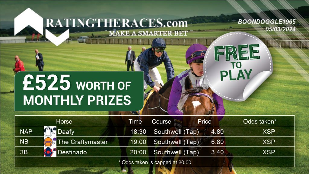 My #RTRNaps are: Daafy @ 18:30 The Craftymaster @ 19:00 Destinado @ 20:00 Sponsored by @RatingTheRaces - Enter for FREE here: bit.ly/NapCompFreeEnt…