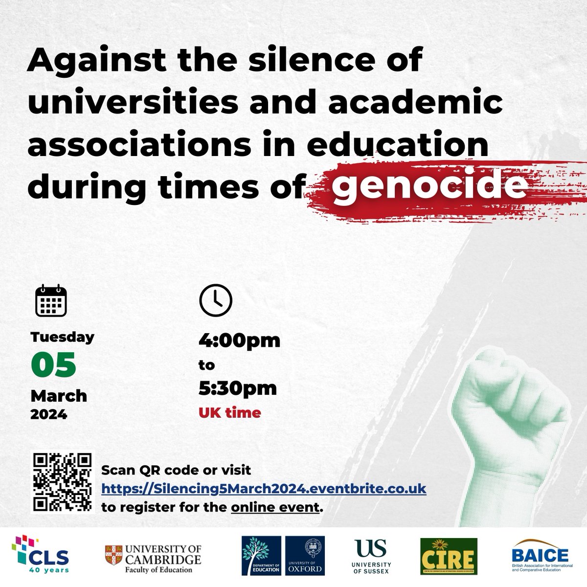 TODAY 5 March 4pm GMT
Against the silence of universities and academic associations in education during times of genocide
Join us with colleagues from <a href="/LebaneseStudies/">Centre for Lebanese Studies</a> <a href="/OxfordDeptofEd/">Department of Education, University of Oxford</a> <a href="/SOEBristol/">School of Education | University of Bristol</a> <a href="/SussexCIE/">Sussex CIE</a> <a href="/baicenews/">BAICE</a>
Register to join online: Silencing5March2024.eventbrite.co.uk