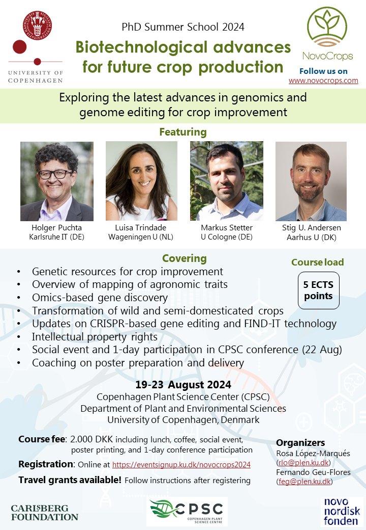 Announcing the NovoCrops PhD Summer School 2024! ✅Learn about crop improvement & gene editing ✅Network with international experts ✅Get coaching on poster prep & delivery ✅Participate in 1-day CPSC conference Sign up here: eventsignup.ku.dk/novocrops2024 Travel grants available!