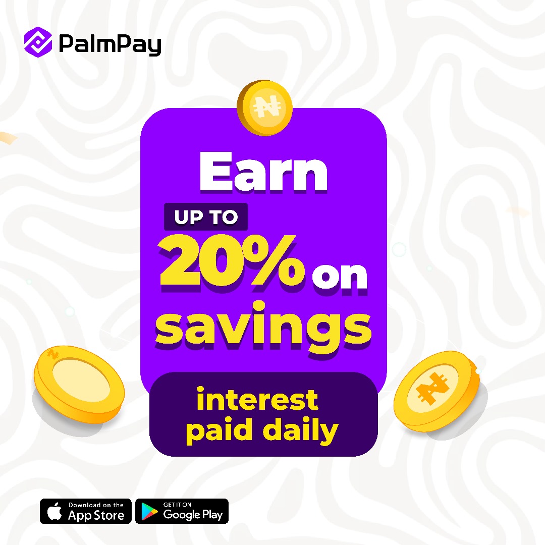 Looking for more reasons to get the Palmpay app? 

How about earning up to 20% interest on your savings p.a., paid daily! 

Download the app now: bit.ly/DownloadPalmPay

#PalmPay #ReasonsToChoosePalmPay