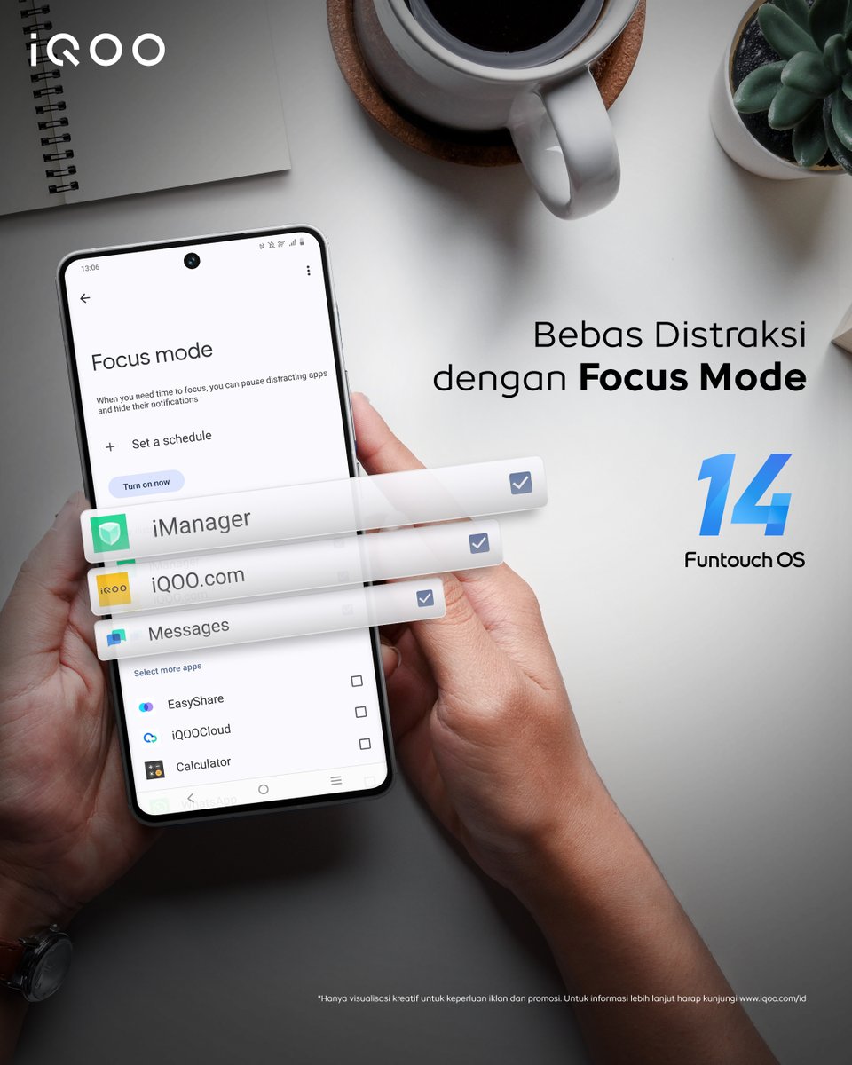 iqoo_id's tweet image. Tingkatkan produktivitas dengan Focus Mode dari #FuntouchOS14.
Fitur ini memungkinkan untuk menonaktifkan notifikasi dari aplikasi yang tidak dibutuhkan saat bekerja.
Aktifkan Focus Mode sekarang agar bisa bekerja dengan lebih efisien.