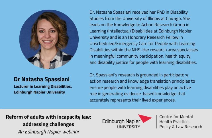 ⬇️ Our third speaker for our 'Reform of adults with incapacity law: addressing challenges' webinar tomorrow is Dr Natasha Spassiani.

Not too late to sign up!

🙆‍♀️ Register here: buff.ly/3SZvZCp   
📅 Date: Weds 06 March Time: 2-4pm
