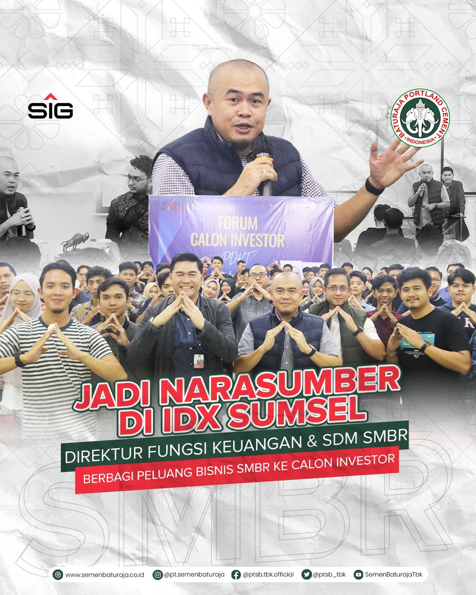 ptsb_tbk's tweet photo. #DulurSMBR, Direktur (Fungsi Keuangan &amp; SDM) PT Semen Baturaja Tbk (SMBR) selaku anak usaha dari PT Semen Indonesia (Persero) Tbk (SIG), Rahmat Hidayat menjadi narasumber dalam acara kegiatan Forum Calon Investor yang diselenggarakan oleh Indonesia Stock Exchange (IDX) Sumsel. https://t.co/covDDemtFg